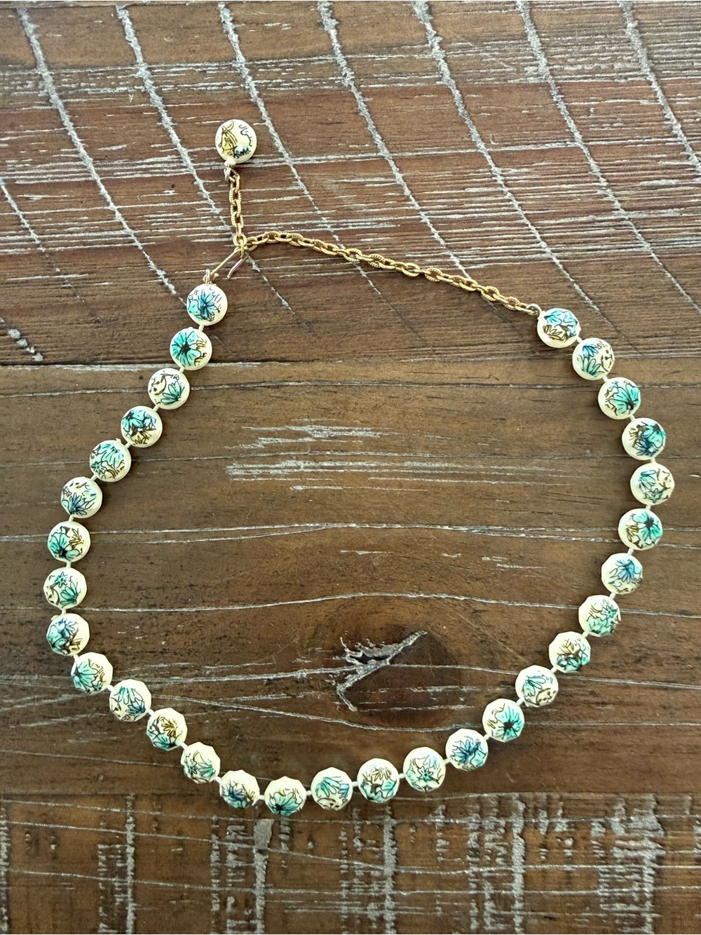 Vintage Hand-Painted White and Teal Floral Bead Necklace - Unbranded